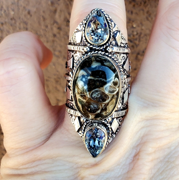 New Turtella Agate Fossil & White Topaz 925 Silver Statement Ring. - Picture 14 of 16